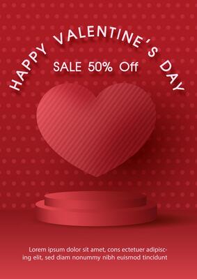 Valentine's day celebration poster advertising design with red hearts in 3d style and product stage, Valentine's day sale wording, example texts on red background.
