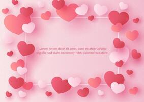 Group of hearts in paper cut style flying on example texts and circle space, pink gradient background. vector