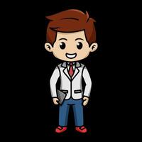 chibi character of a man wearing an office suit standing upright and holding a laptop in dark background vector