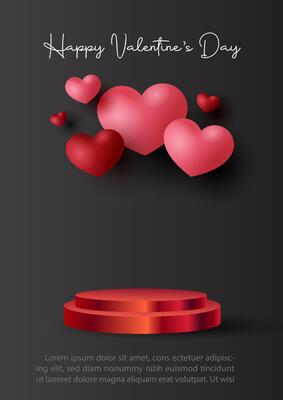 Valentine's day celebration poster advertising design with hearts in 3d style flying, red product stage and Valentine's day wording, example texts on black background.