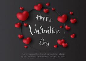Valentine's day celebration greeting card and poster with red hearts in 3d style with Valentine's day wording, example texts on black background. vector