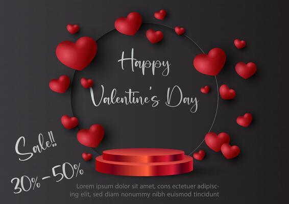 Valentine's day celebration poster advertising design with red hearts in 3d style flying and product stage, Valentine's day sale wording, example texts on black background.