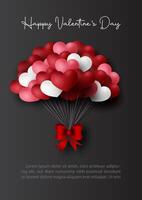 Valentine's day celebration greeting card and poster with party balloons in hearts shape and red bow, Valentine's day wording, example texts on black background. vector