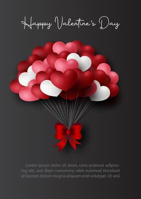 Valentine's day celebration greeting card and poster with party balloons in hearts shape and red bow, Valentine's day wording, example texts on black background.