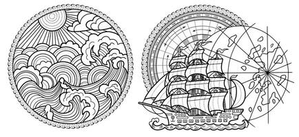 Design set with emblems of stormy weather and retro sailing ship against map and compass background in rope frame. Vintage transportation and old adventures concept isolated on white. vector