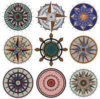 Design set with colorful old compasses or rose winds with decorative elements, arrows and patterns. Vintage transportation and old adventures concept isolated on white. vector