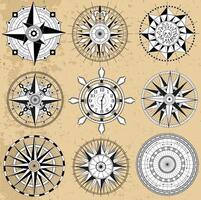 Design set with line art old compasses or rose winds with decorative elements, arrows and patterns. Vintage transportation and old adventures concept isolated on white. vector