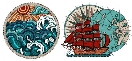 Design set with colorful emblems of stormy weather and retro sailing ship against compass in rope frame. Vintage transportation and old adventures concept isolated on white. vector