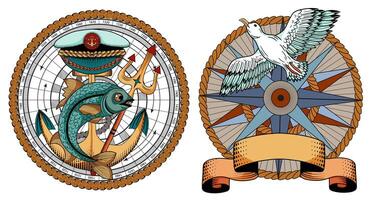 Colorful design set with marine emblems of anchor with fish and compass with sea gull and vignette banner. Vintage transportation and old adventures concept isolated on white. vector