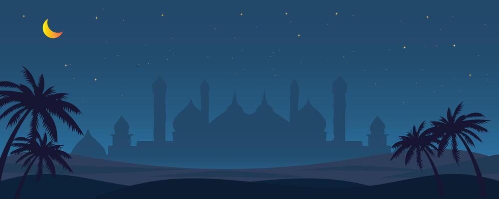 ramadan islamic banner background with mosque and palm trees on light blue color