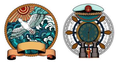 Design set with colorful illustration of gull flying against sea waves and emblem of steering wheel with cap and compass. Vintage transportation and old adventures concept isolated on white. vector