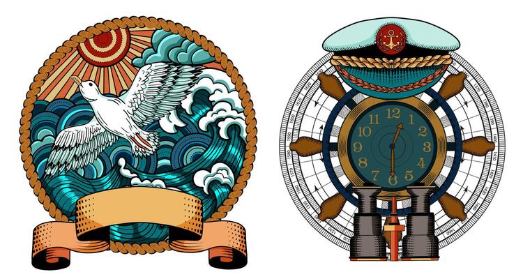 Design set with colorful illustration of gull flying against sea waves and emblem of steering wheel with cap and compass. Vintage transportation and old adventures concept isolated on white.