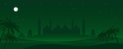 islamic banner background mosque with palm trees and moon in the night vector