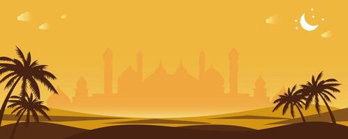 ramadan or islamic banner background with palm trees and a mosque vector