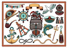 Colorful design set with old ship, sea objects and symbols, antique navigational devices, anchor, vignette banners. Vintage transportation and adventures concept isolated on white. vector