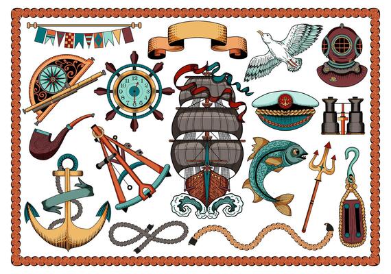 Colorful design set with old ship, sea objects and symbols, antique navigational devices, anchor, vignette banners. Vintage transportation and adventures concept isolated on white.