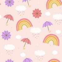 Seamless pattern with umbrellas, clouds, drops, rainbows. graphics. vector