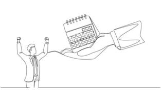 Continuous one line drawing of boss's hand holding calendar to show happy employee extra holidays, employee benefits concept, single line art vector