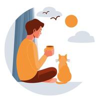 Man Relaxing with Cat by Window Enjoying Morning Coffee vector