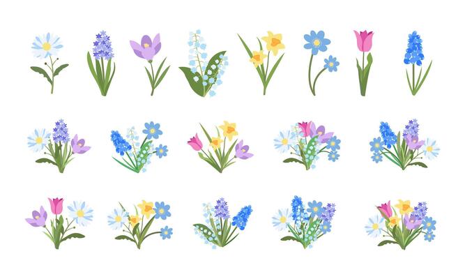 Spring Simple Flowers and Bouquets Collection with Leaves, Branches, Petals. Spring Flat Flowers Set. Cute Modern Floral Elements Isolated on White Background. Hand drawn blossom illustration.
