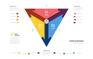 Venn diagram infographic triangle arrow chart template for business start up presentation with venn diagram elements illustration. vector