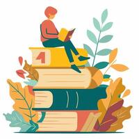 A person sitting on top of books vector