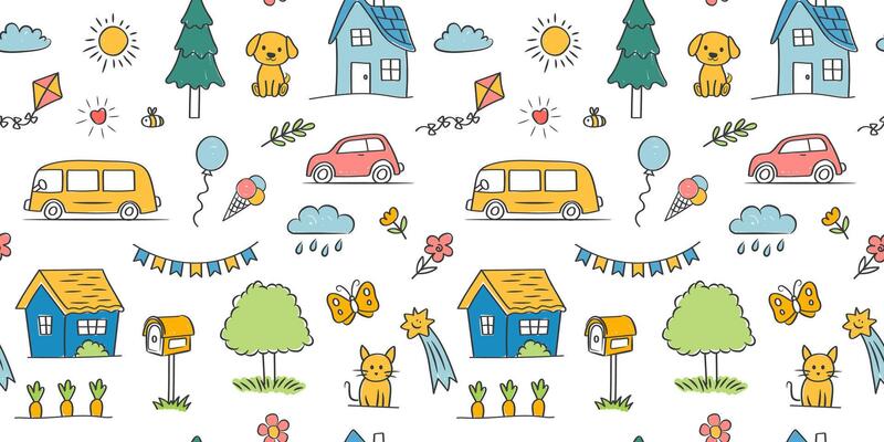 Cute doodle colorful chalk children's drawings seamless pattern.