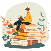a man sitting on a pile of books while reading vector