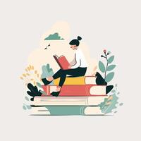 A person sits on a book while reading vector