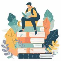a man reading on a pile of books vector
