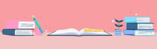 pink background with many books vector