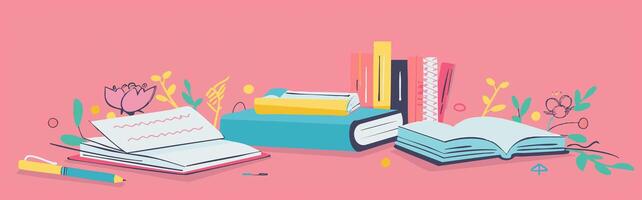 A pink background with three of books paper vector