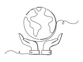 Continuous one line drawing of planet earth or globe on palm hand. vector