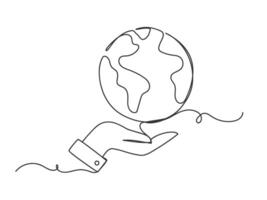 Continuous one line drawing of planet earth on palm hand. vector