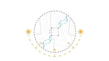 the architecture site analysis symbol icon element drawing graphic flat isolated . architecture element line sun wind sound sun path vegetation. vector