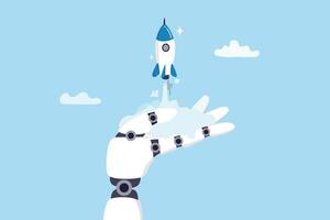 Innovation technology, AI artificial intelligence robot, machine learning project for automation system, innovative algorithm assistance, breakthrough creation concept, robot hand launch new rocket. vector