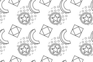 Seamless black and white abstract pattern with stars, crescents, squares, and dots, ideal for fun coloring activities. vector