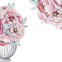 An elegant display of watercolor blooms showcases soft pink peonies and lush green leaves, creating a serene and artistic atmosphere. vector
