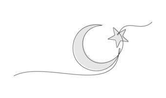 One continuous line drawing of crescent and star. Ramadan Kareem banner in simple linear style. Doodle contour. Eid mubarak design element. vector