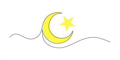 One continuous line drawing of crescent and star. Ramadan Kareem banner in simple linear style. Doodle contour. Eid mubarak design vector