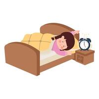 Kid sleeping on a pillow with a blanket and an alarm clock vector
