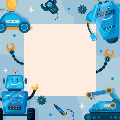 Hand drawn flat robotics for kids frame background