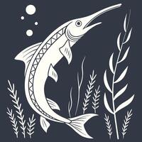 A Paddlefish fish swimming in the ocean with plants and algae vector