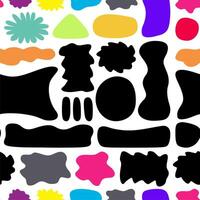 Abstract seamless pattern with colorful freehand doodles. Organic flat cartoon background, simple random shapes in bright childish colors and black on white background. Splashes and blots. vector