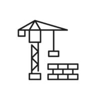 This is a simple, minimalistic outline icon that showcases a construction crane alongside several bricks, effectively symbolizing the broader realms of the renovation and construction industry vector
