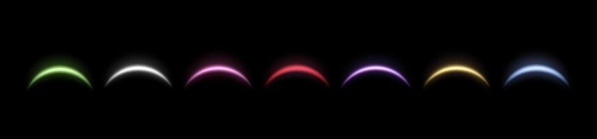 Magic arches different colors with glowing particles, sunlight lens flare. Neon realistic energy flare arch. Abstract light effect on a black background vector