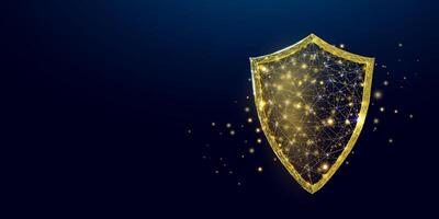 Guard shield. Cyber security concept with glowing low poly shield on dark blue background. Wireframe low poly design vector