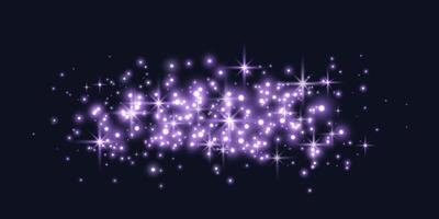 Purple glittering dots, particles, stars magic sparks. Glow flare light effect. Violet luminous points particles on black background. vector