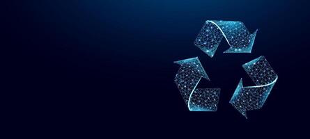 Recycling sign, glowing blue lowpoly wireframe on a dark background. Design concept of Environment day. vector
