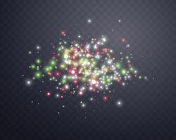 Silver, green and red magic sparks and dust stars. Glittering dots, particles, sparkles. Glow flare light effect. Silver and green luminous points particles vector